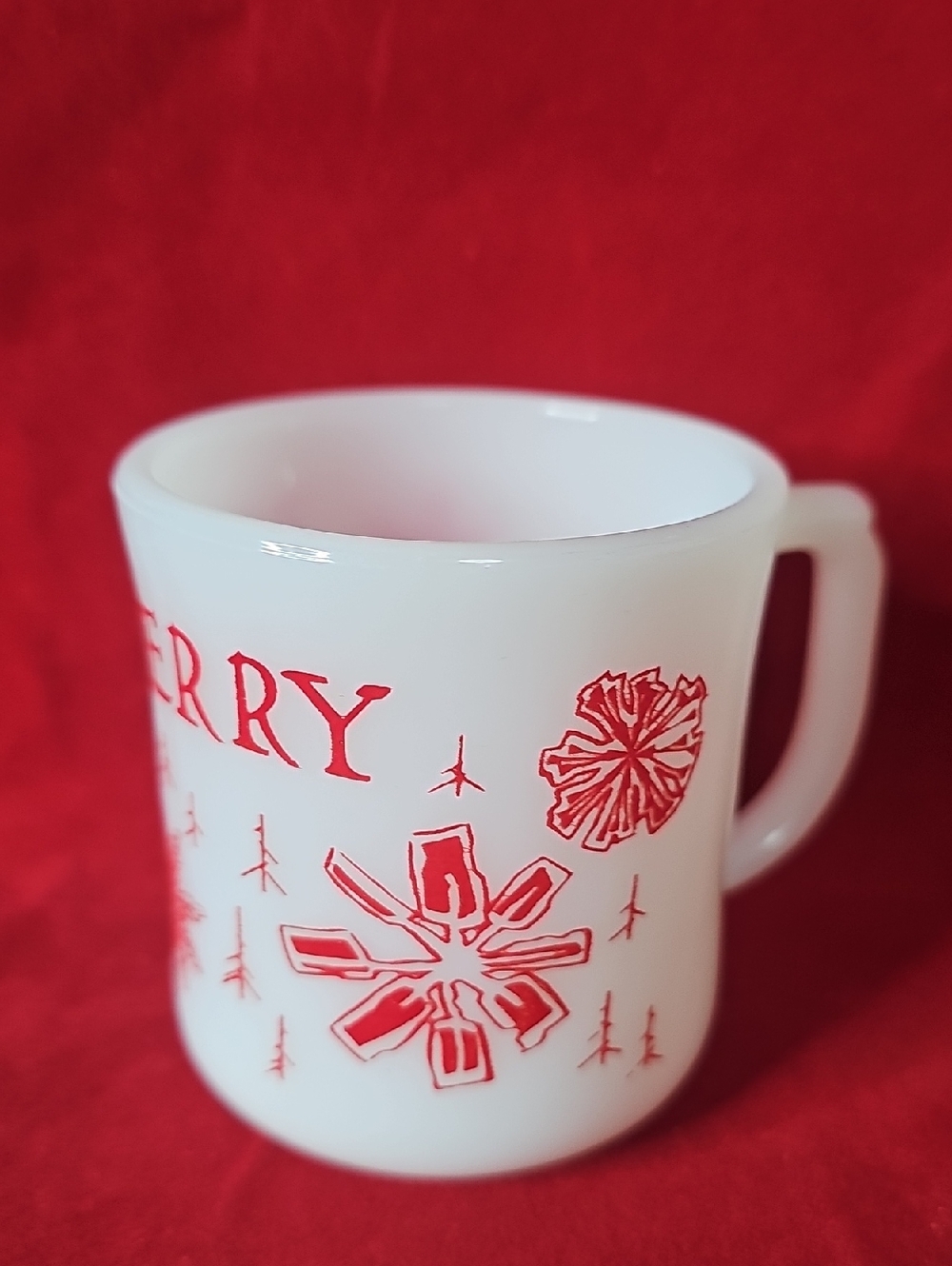 Vintage Fire King Tom & Jerry White Glass Holiday Mug with Red Snowflake Design - Picture 3 of 4